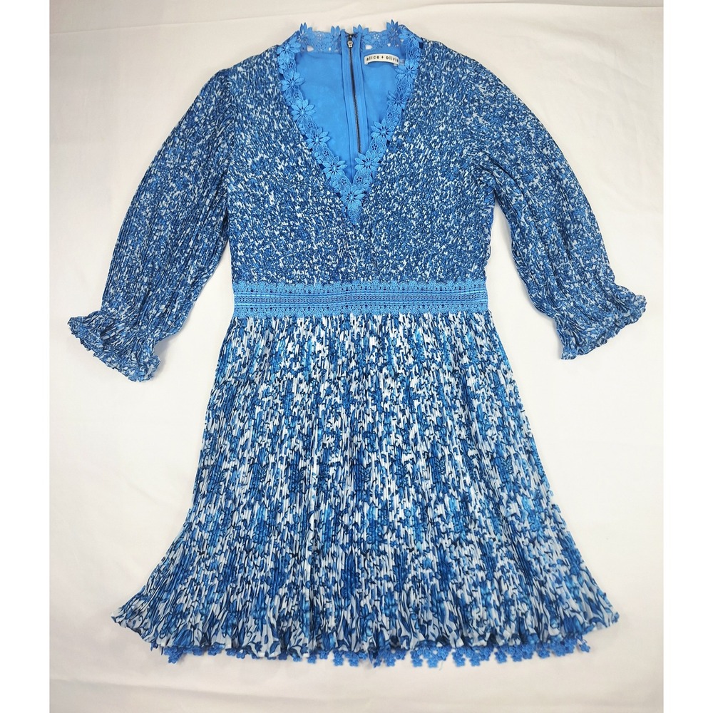 Alice + Olivia Blue Joanna Floral Pleated Lace Trim Mini Dress Womens Size 4